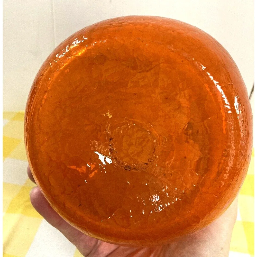 Vintage Blenko crackle glass dimpled tall pitcher Amberina orange clear handle